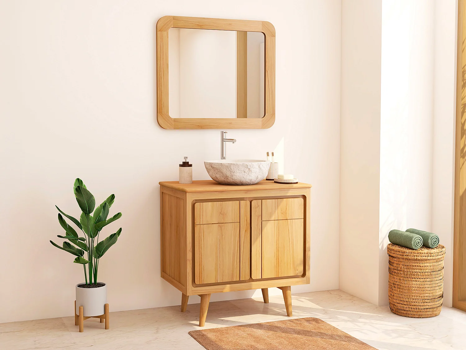 Mobile sotto lavabo con piedi in teak 80 cm - BINTUNI