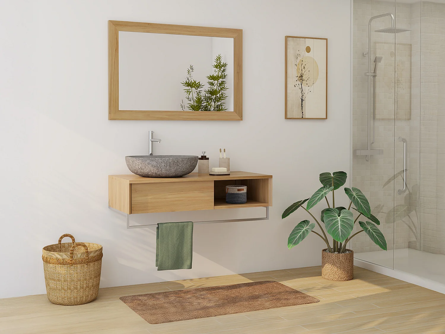 Mobile sotto lavabo sospeso in teak con portasciugamani 105 cm - KUPANG