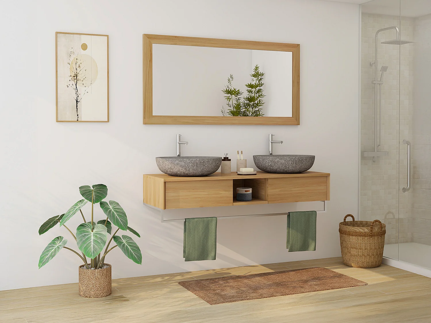 Mobile sotto lavabo sospeso in teak con portasciugamani 140 cm - KUPANG
