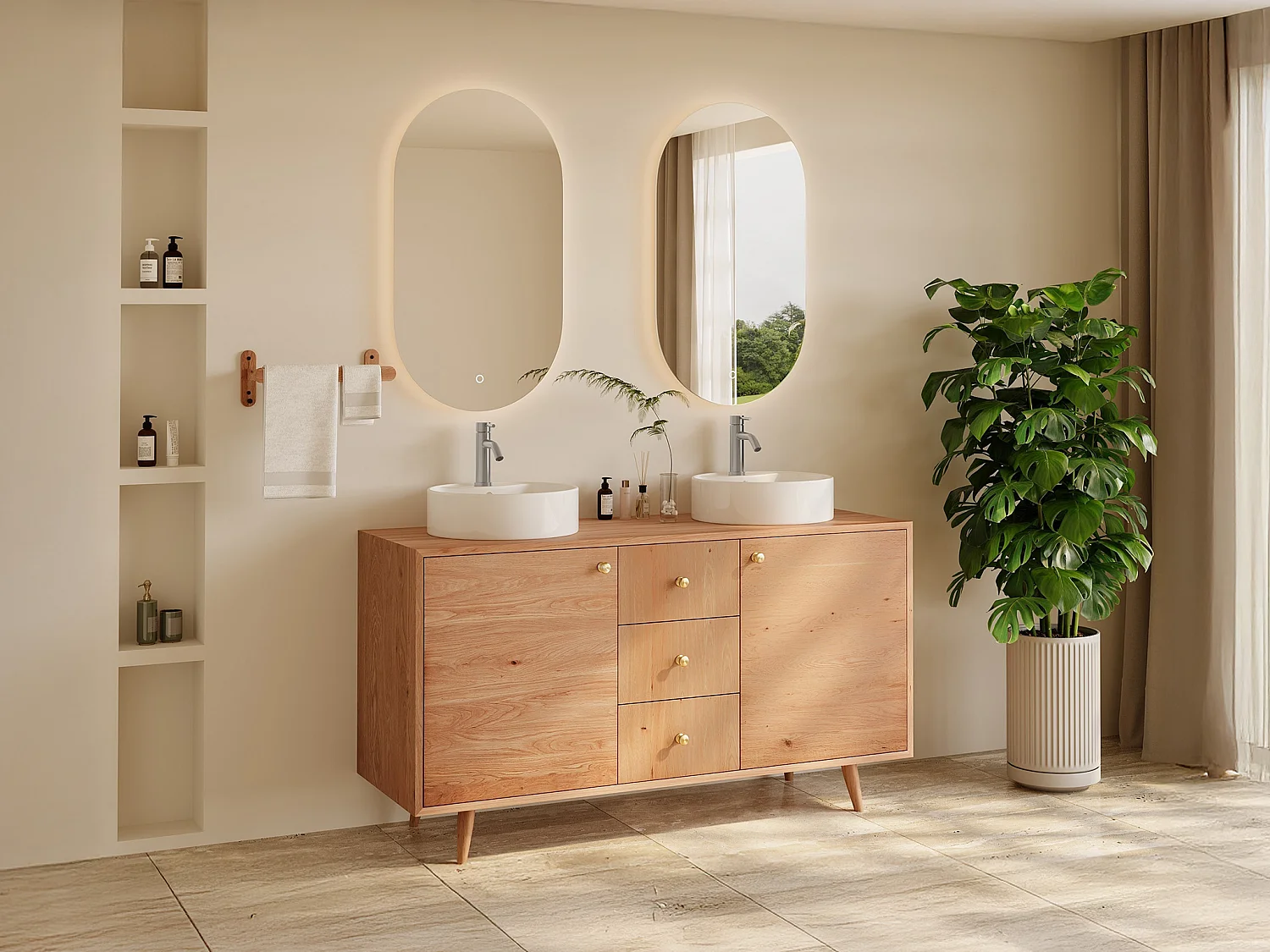 Waschbeckenunterschrank aus Massivholz Eiche - Hell Natur - 145 cm - ZARENO