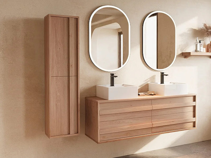 Colonne de salle de bain suspendue en chêne massif - Naturel clair - H140 cm - SARLO