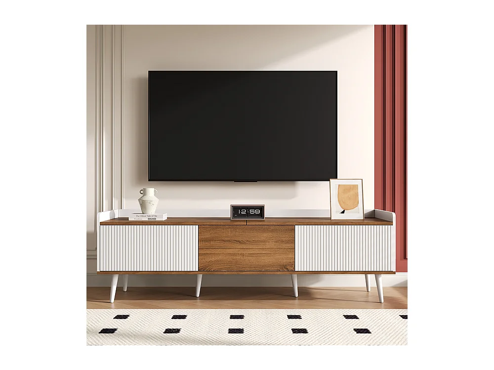 Meuble TV trois portes compact blanc bois naturel 49.5 cm hauteur 160 cm longueur 39 cm largeur