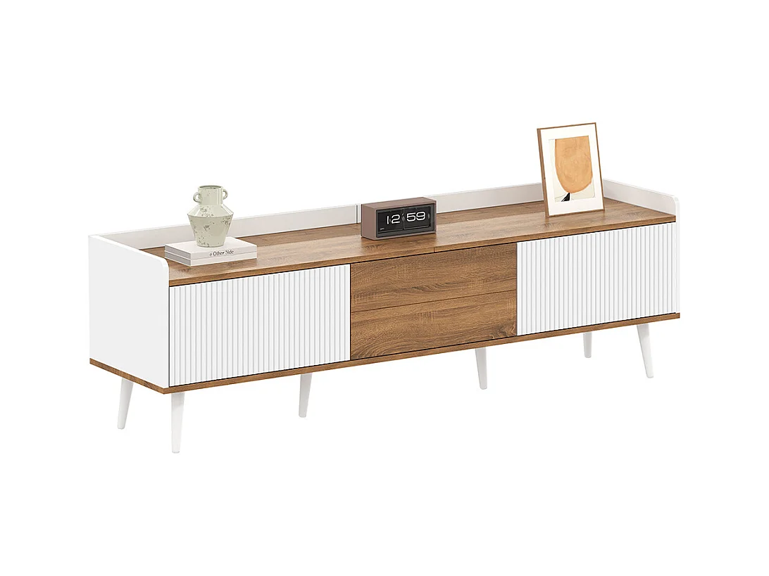 Meuble TV trois portes compact blanc bois naturel 49.5 cm hauteur 160 cm longueur 39 cm largeur