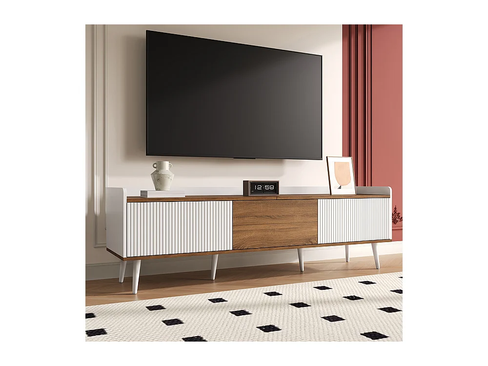 Meuble TV trois portes compact blanc bois naturel 49.5 cm hauteur 160 cm longueur 39 cm largeur