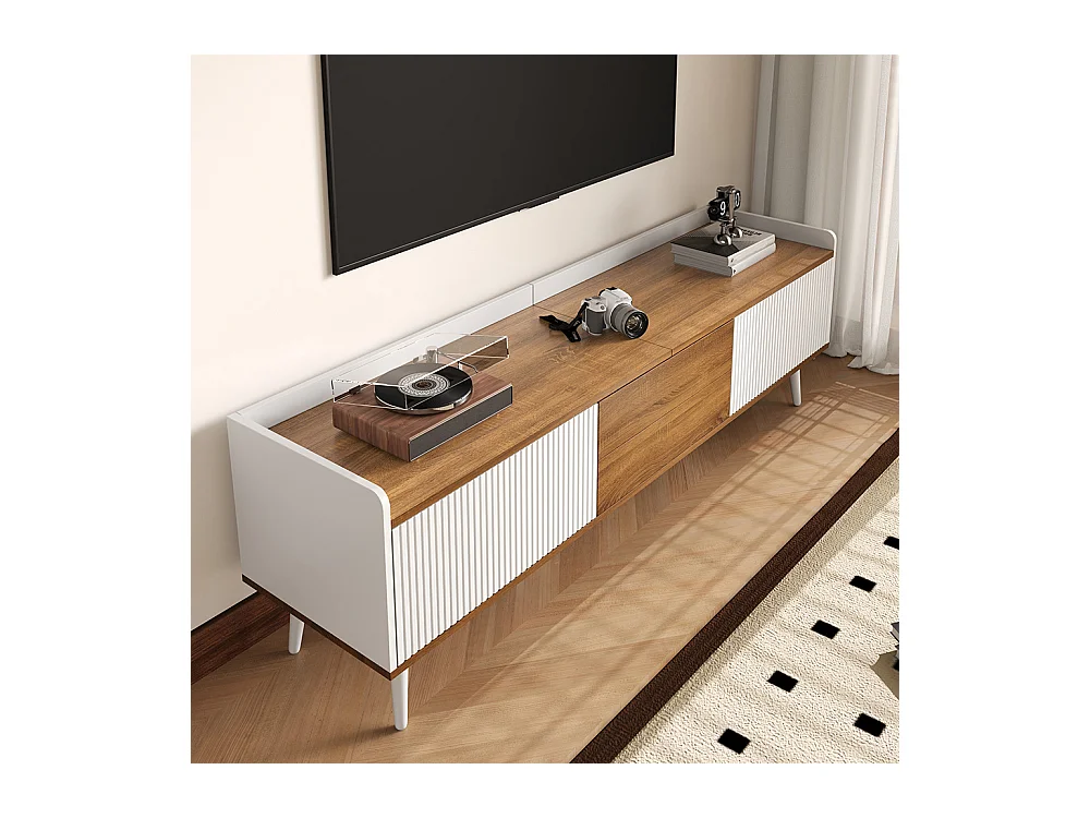 Meuble TV trois portes compact blanc bois naturel 49.5 cm hauteur 160 cm longueur 39 cm largeur