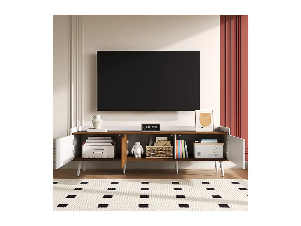 Meuble TV trois portes compact blanc bois naturel 49.5 cm hauteur 160 cm longueur 39 cm largeur