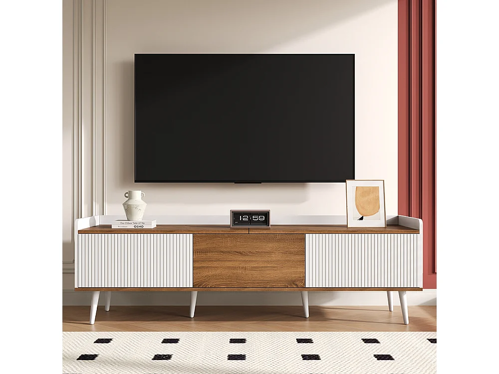 Meuble TV trois portes compact blanc bois naturel 49.5 cm hauteur 160 cm longueur 39 cm largeur