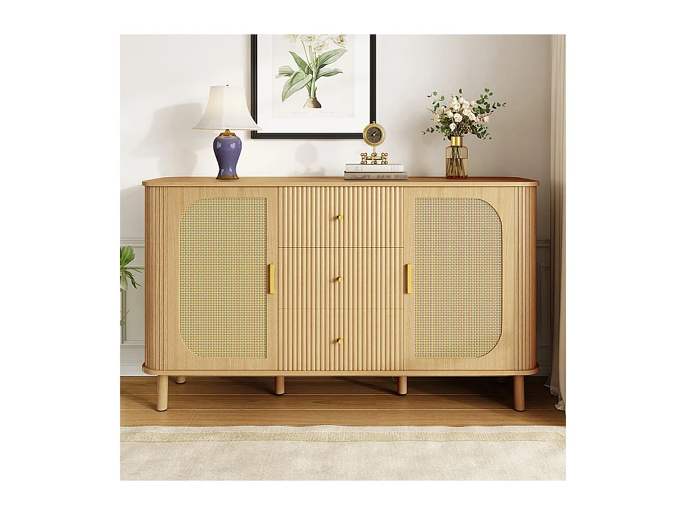 Buffet moderne tiroirs étagères pieds métalliques bois meuble salon polyvalent incontournable naturel