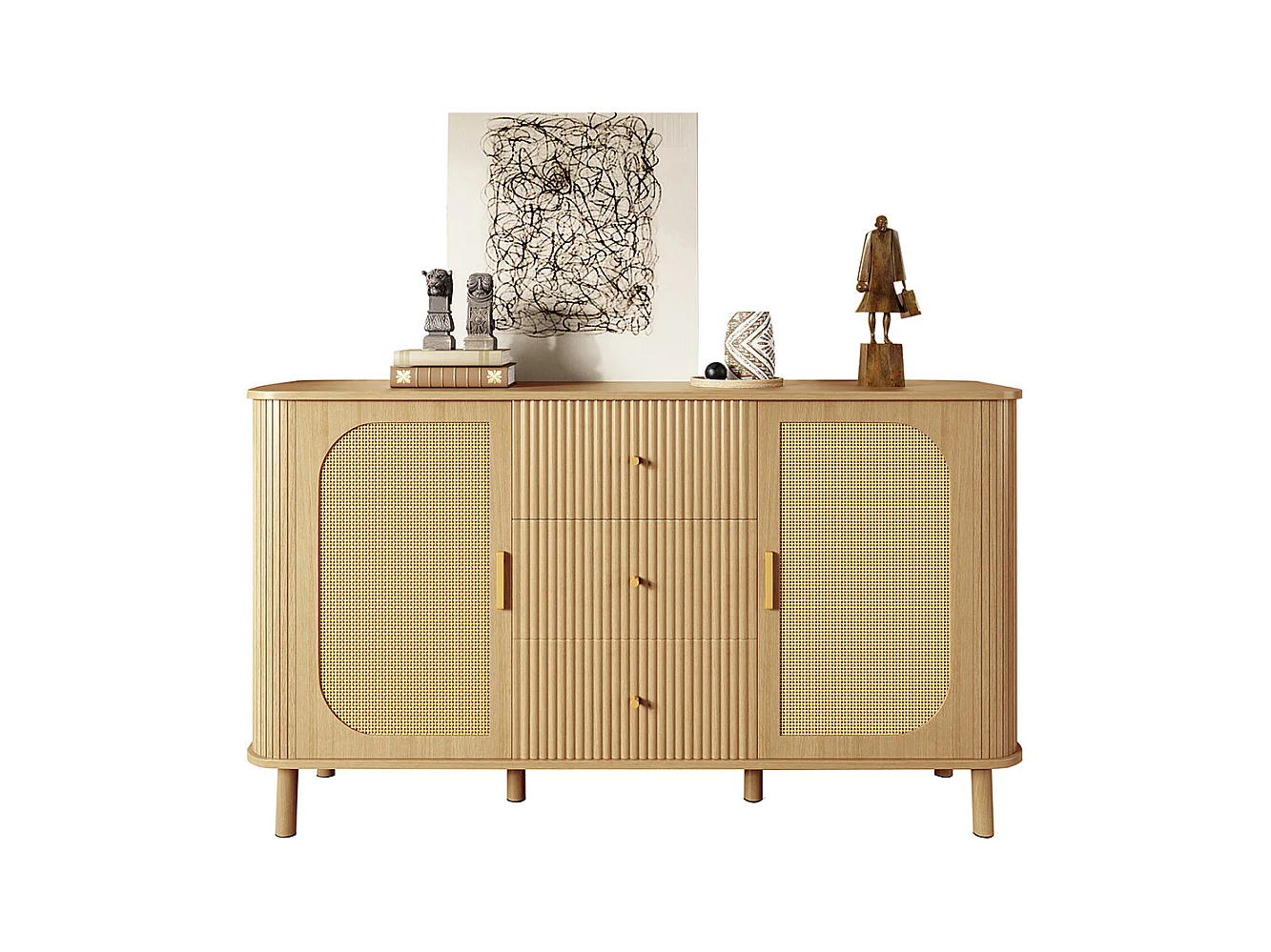 Buffet moderne tiroirs étagères pieds métalliques bois meuble salon polyvalent incontournable naturel