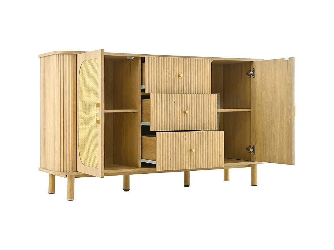 Buffet moderne tiroirs étagères pieds métalliques bois meuble salon polyvalent incontournable naturel