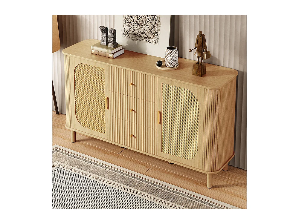 Buffet moderne tiroirs étagères pieds métalliques bois meuble salon polyvalent incontournable naturel