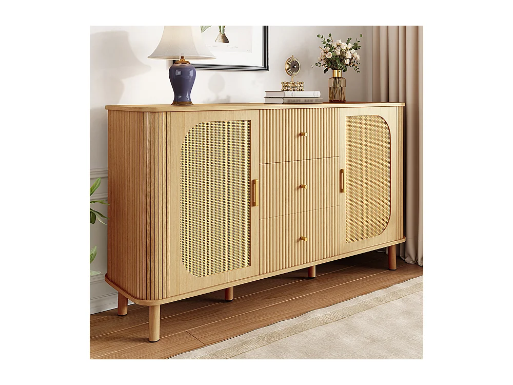 Buffet moderne tiroirs étagères pieds métalliques bois meuble salon polyvalent incontournable naturel