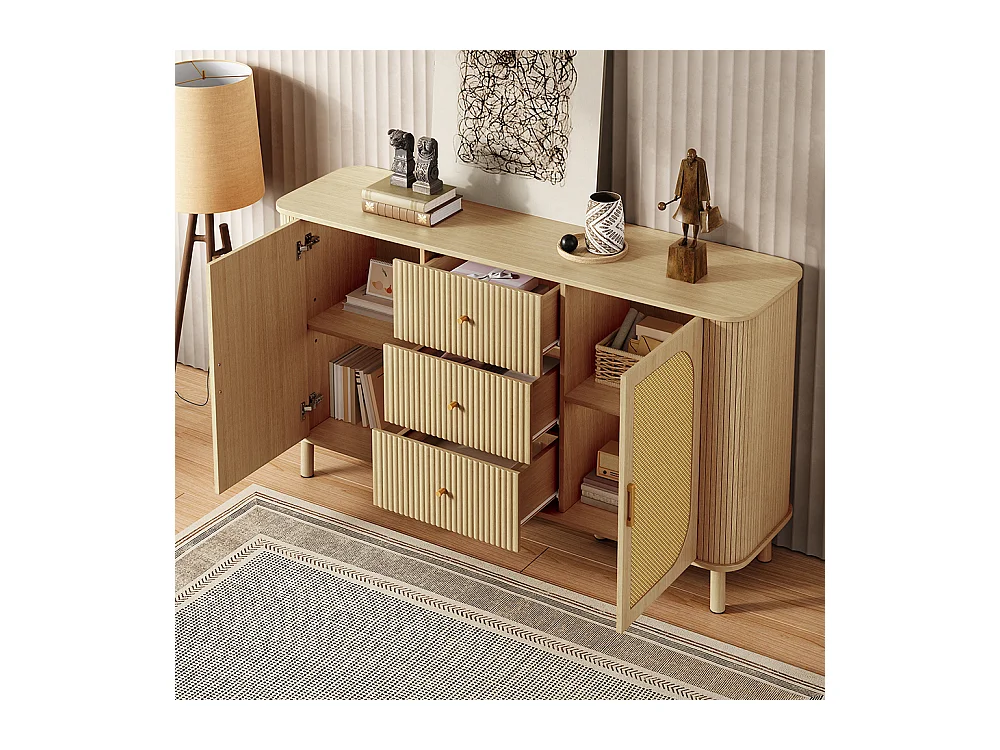 Buffet moderne tiroirs étagères pieds métalliques bois meuble salon polyvalent incontournable naturel