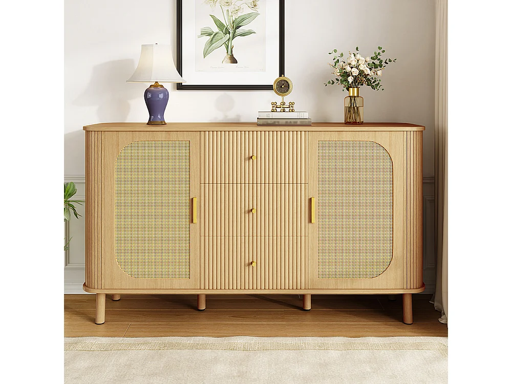 Buffet moderne tiroirs étagères pieds métalliques bois meuble salon polyvalent incontournable naturel