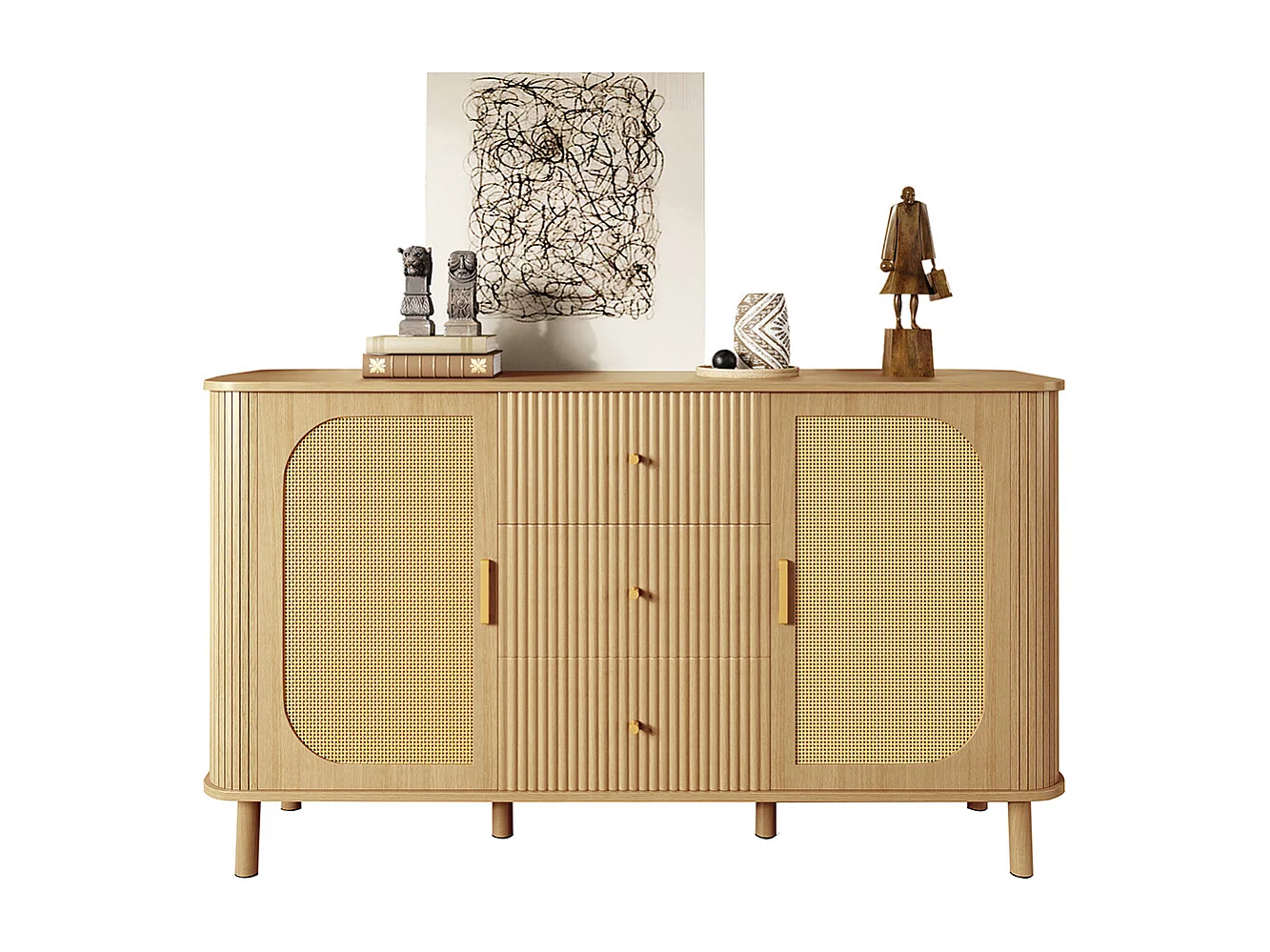 Buffet moderne tiroirs étagères pieds métalliques bois meuble salon polyvalent incontournable naturel