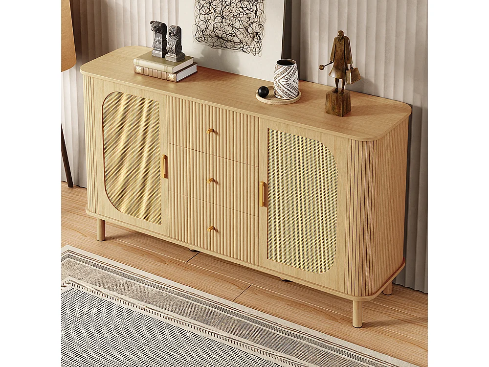 Buffet moderne tiroirs étagères pieds métalliques bois meuble salon polyvalent incontournable naturel