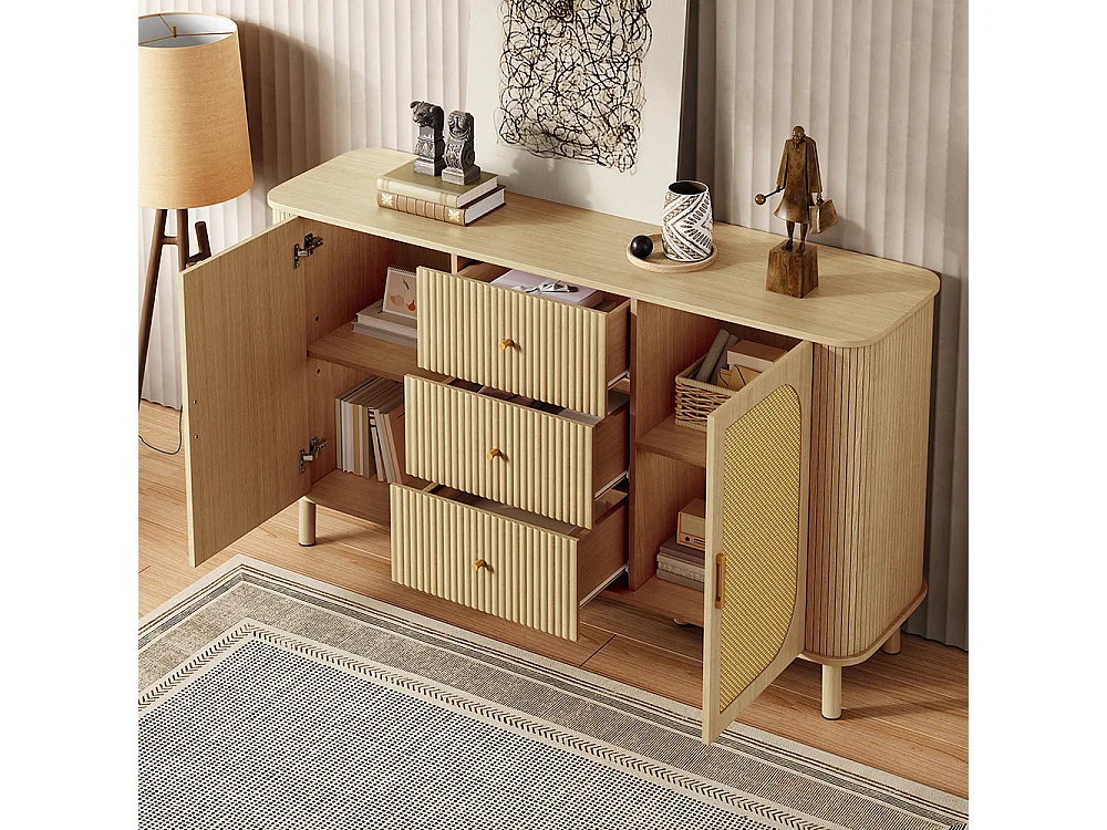Buffet moderne tiroirs étagères pieds métalliques bois meuble salon polyvalent incontournable naturel