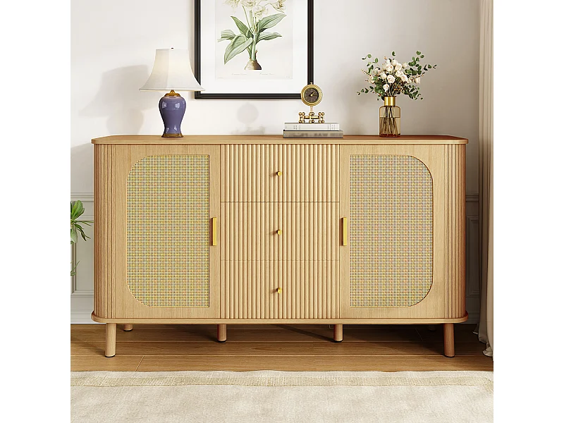 Buffet moderne tiroirs étagères pieds métalliques bois meuble salon polyvalent incontournable naturel