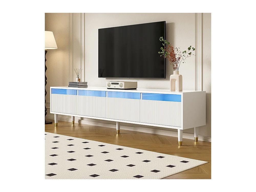 Meuble TV blanc moderne 178 cm design minimaliste rangement 4 tiroirs MDF acrylique salon stable élégant