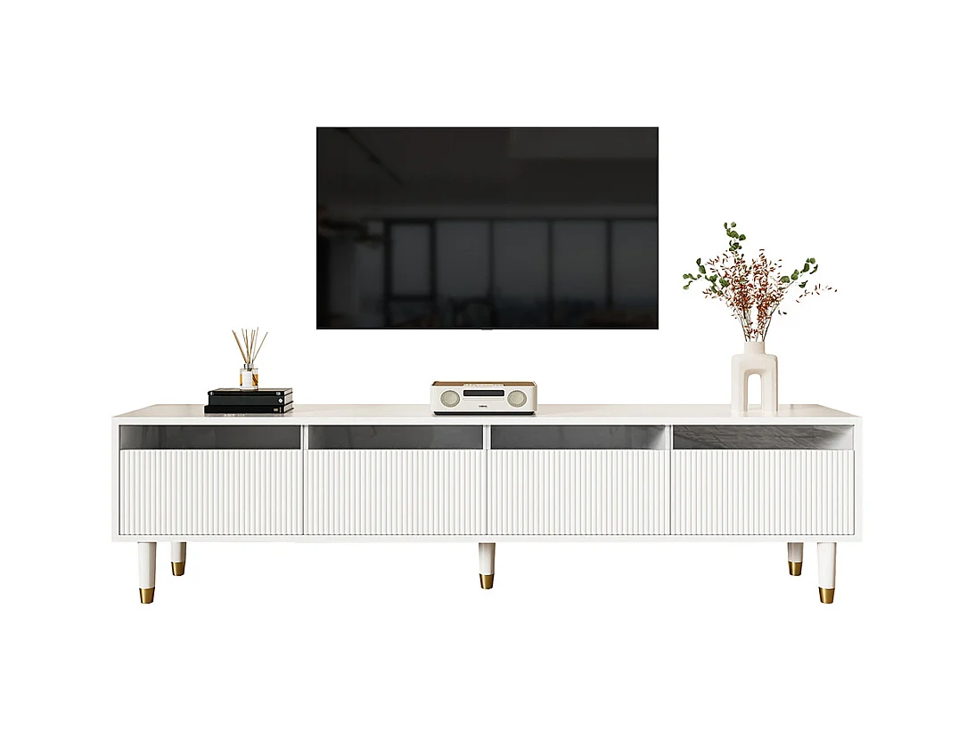 Meuble TV blanc moderne 178 cm design minimaliste rangement 4 tiroirs MDF acrylique salon stable élégant
