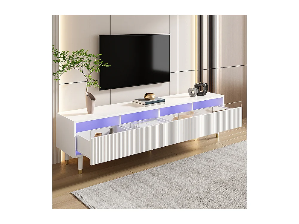 Meuble TV blanc moderne 178 cm design minimaliste rangement 4 tiroirs MDF acrylique salon stable élégant