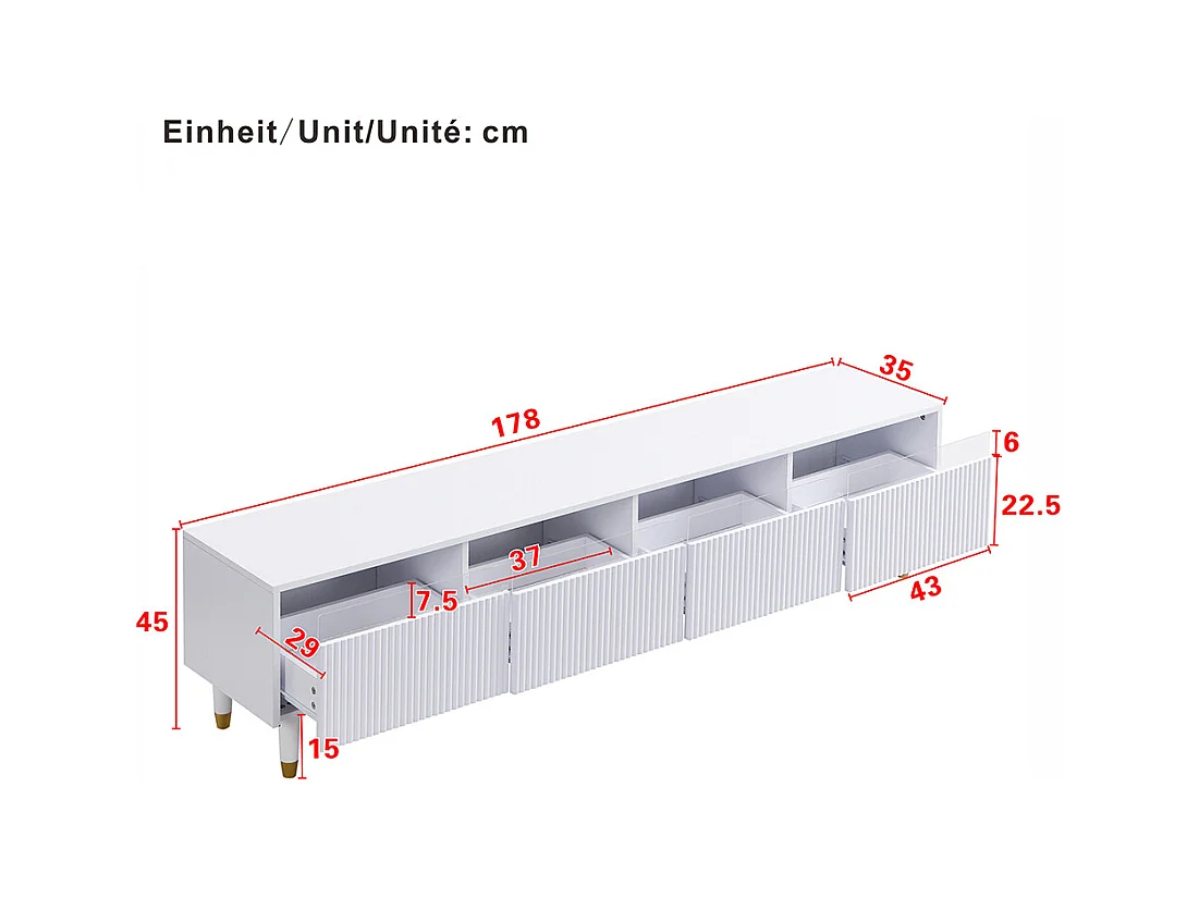 Meuble TV blanc moderne 178 cm design minimaliste rangement 4 tiroirs MDF acrylique salon stable élégant