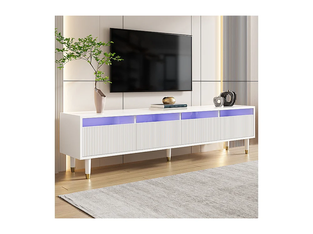Meuble TV blanc moderne 178 cm design minimaliste rangement 4 tiroirs MDF acrylique salon stable élégant