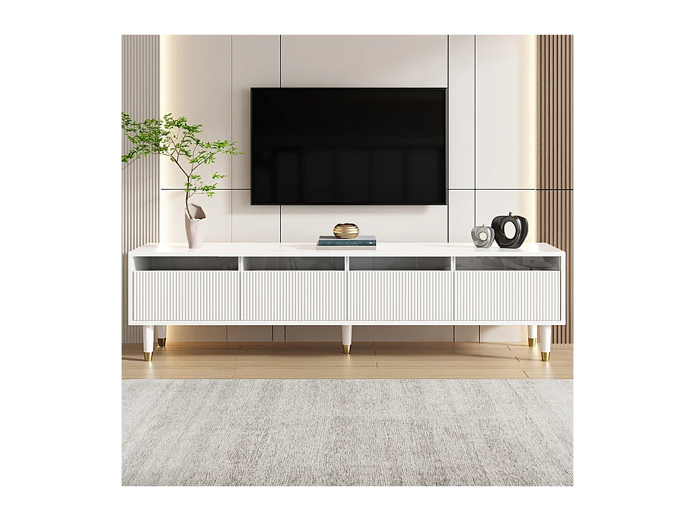 Meuble TV blanc moderne 178 cm design minimaliste rangement 4 tiroirs MDF acrylique salon stable élégant