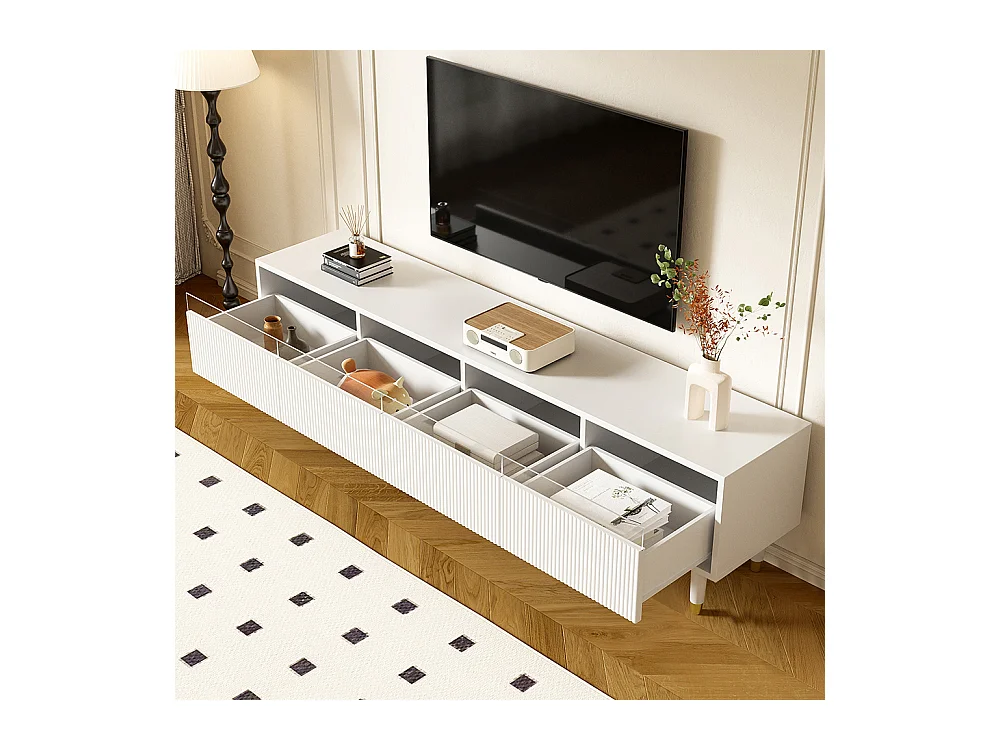 Meuble TV blanc moderne 178 cm design minimaliste rangement 4 tiroirs MDF acrylique salon stable élégant