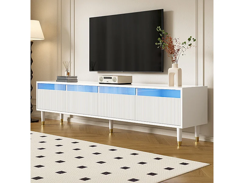Meuble TV blanc moderne 178 cm design minimaliste rangement 4 tiroirs MDF acrylique salon stable élégant
