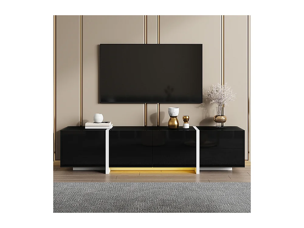 Meuble TV noir brillant pieds blancs portes tiroirs élégants bandeau lumineux LED