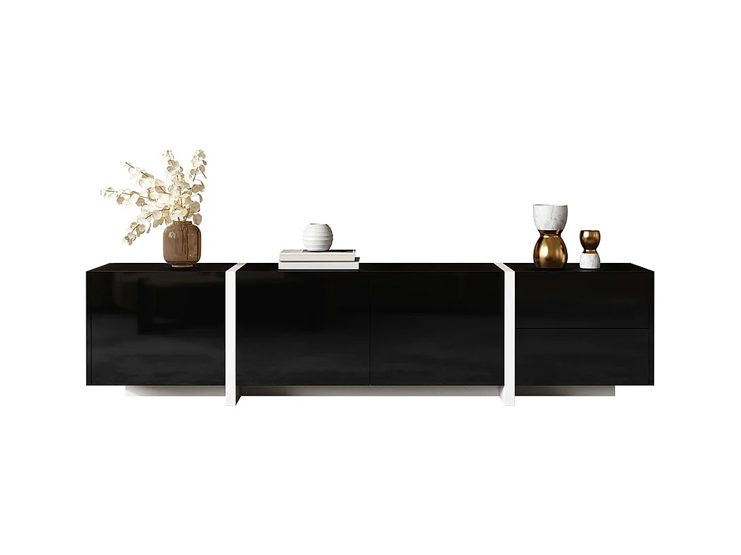 Meuble TV noir brillant pieds blancs portes tiroirs élégants bandeau lumineux LED