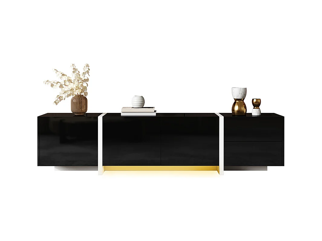 Meuble TV noir brillant pieds blancs portes tiroirs élégants bandeau lumineux LED