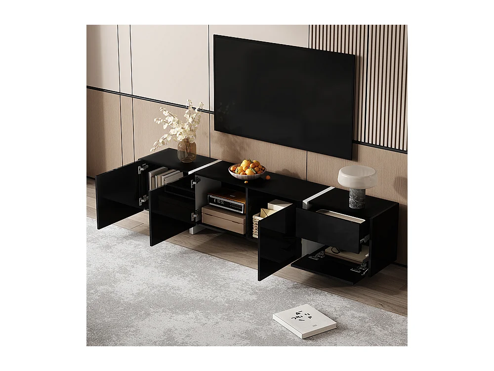 Meuble TV noir brillant pieds blancs portes tiroirs élégants bandeau lumineux LED