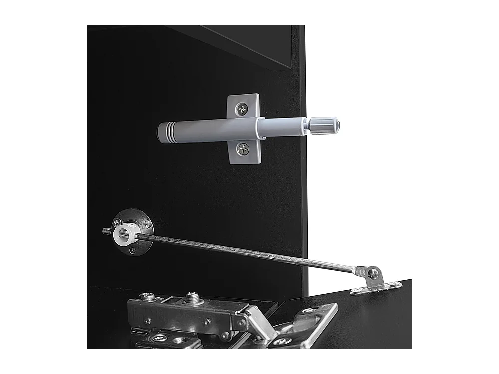 Meuble TV noir brillant pieds blancs portes tiroirs élégants bandeau lumineux LED