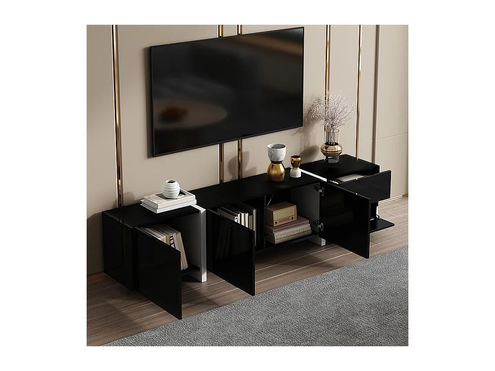 Meuble TV noir brillant pieds blancs portes tiroirs élégants bandeau lumineux LED
