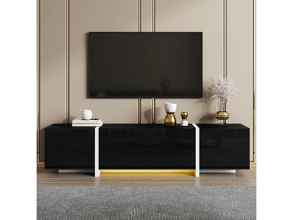Meuble TV noir brillant pieds blancs portes tiroirs élégants bandeau lumineux LED
