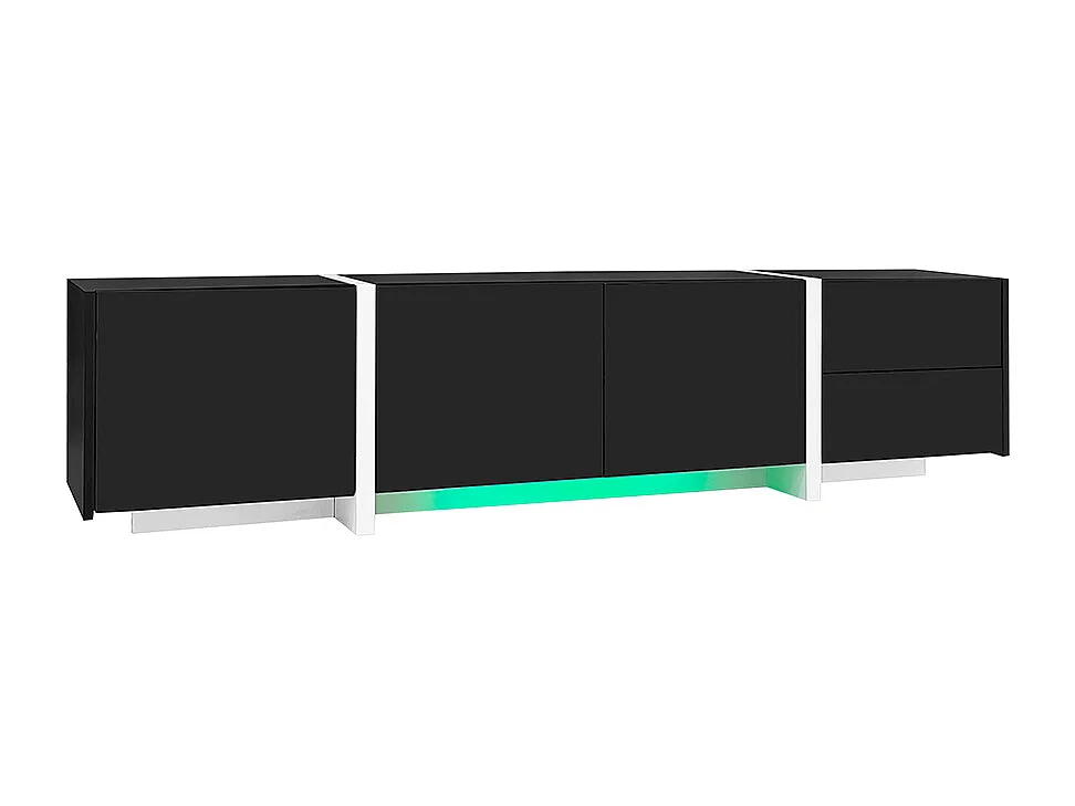 Meuble TV noir brillant pieds blancs portes tiroirs élégants bandeau lumineux LED