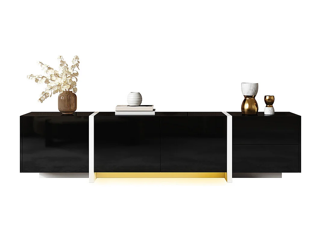 Meuble TV noir brillant pieds blancs portes tiroirs élégants bandeau lumineux LED