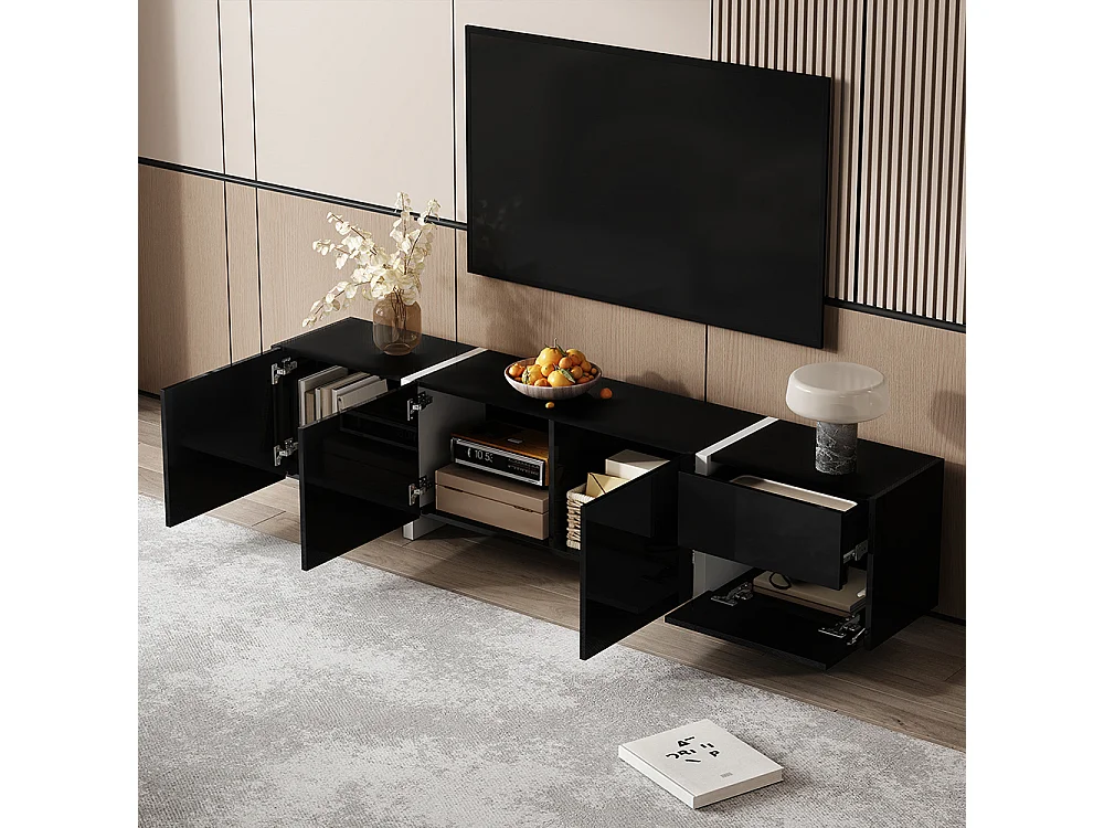 Meuble TV noir brillant pieds blancs portes tiroirs élégants bandeau lumineux LED