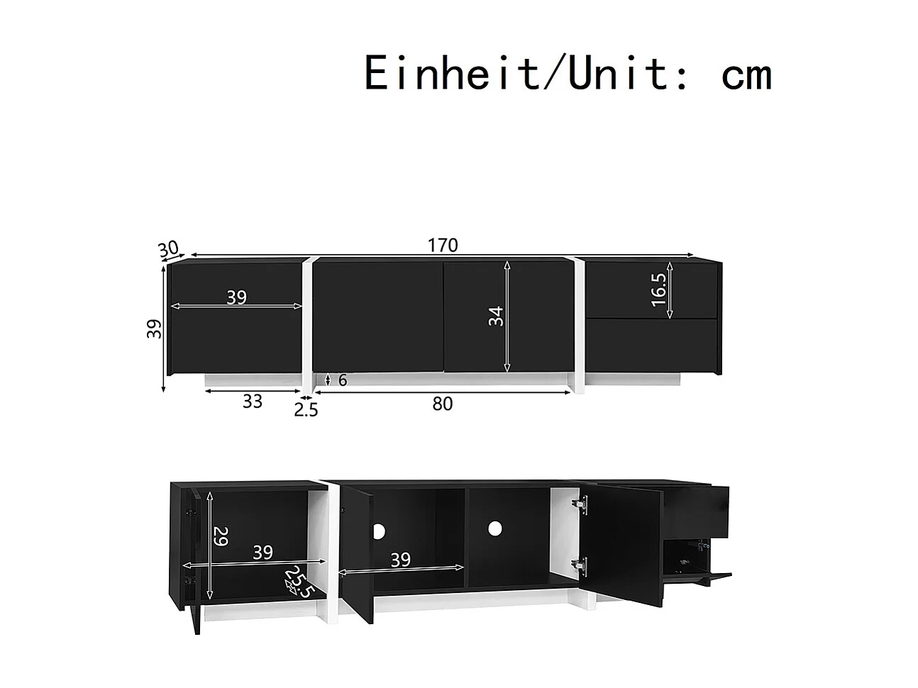Meuble TV noir brillant pieds blancs portes tiroirs élégants bandeau lumineux LED