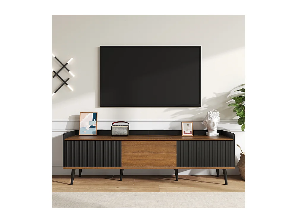 Meuble TV trois portes compact noir bois naturel 49.5 cm hauteur 160 cm longueur 39 cm largeur
