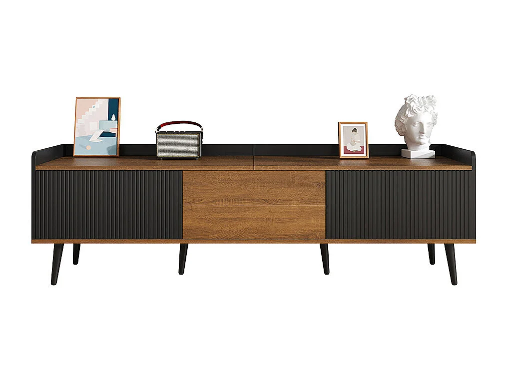 Meuble TV trois portes compact noir bois naturel 49.5 cm hauteur 160 cm longueur 39 cm largeur