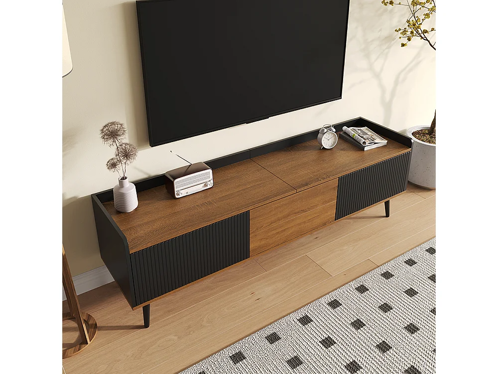 Meuble TV trois portes compact noir bois naturel 49.5 cm hauteur 160 cm longueur 39 cm largeur