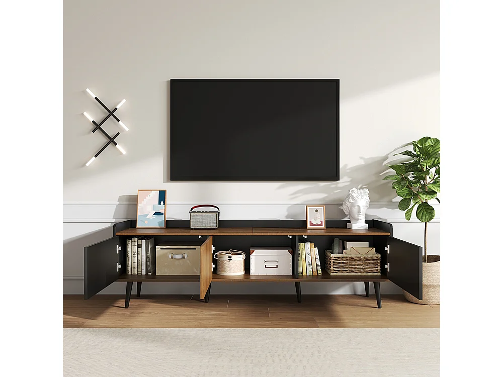 Meuble TV trois portes compact noir bois naturel 49.5 cm hauteur 160 cm longueur 39 cm largeur