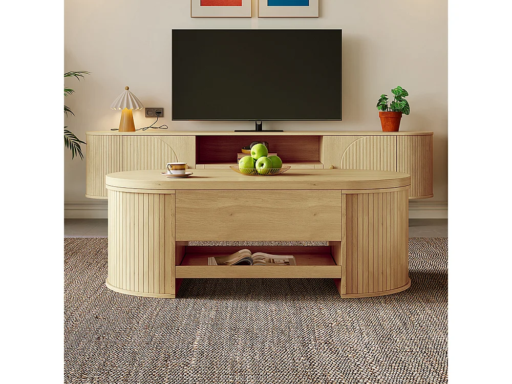 Table basse relevable bois courbé étagère coulissante plateau relevable multifonction salon naturel
