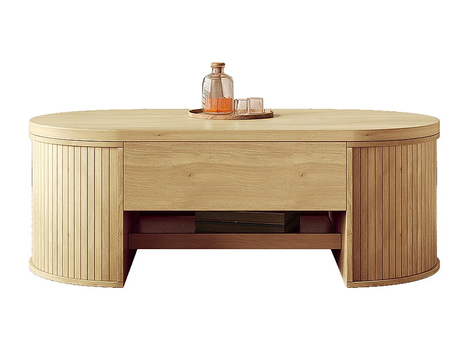 Table basse relevable bois courbé étagère coulissante plateau relevable multifonction salon naturel