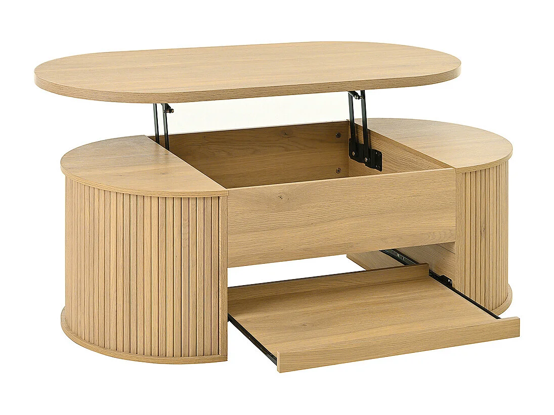 Table basse relevable bois courbé étagère coulissante plateau relevable multifonction salon naturel