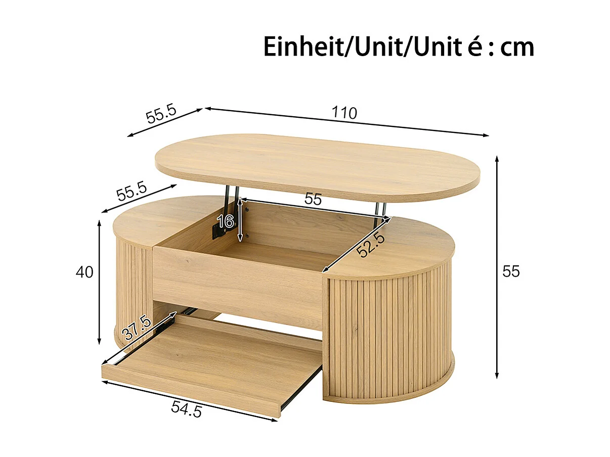 Table basse relevable bois courbé étagère coulissante plateau relevable multifonction salon naturel