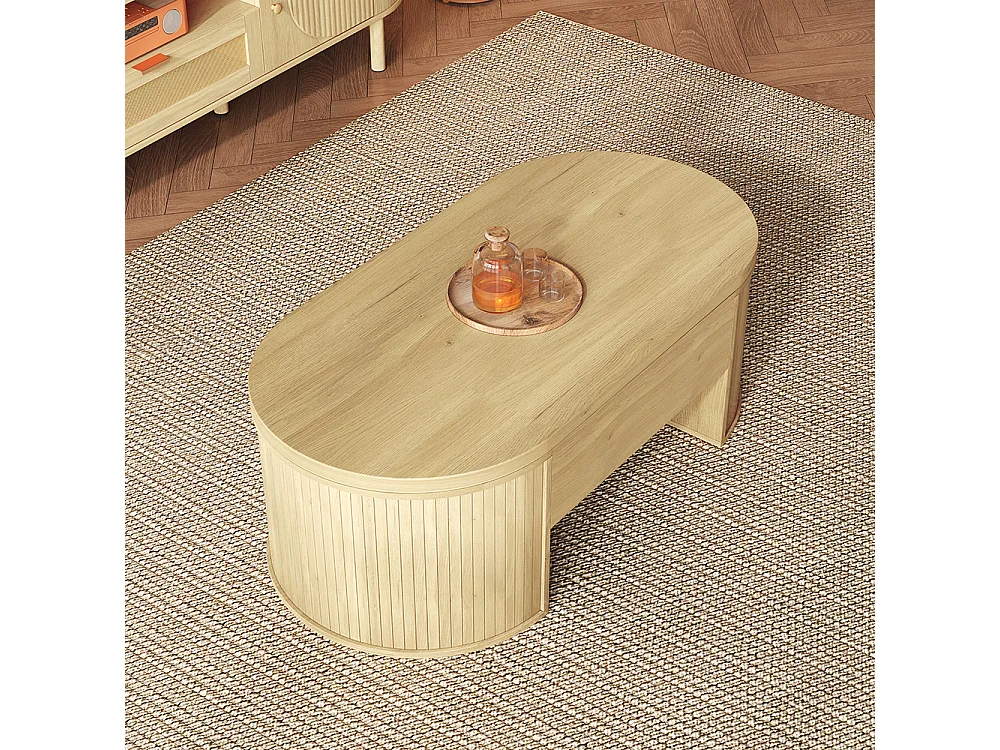 Table basse relevable bois courbé étagère coulissante plateau relevable multifonction salon naturel